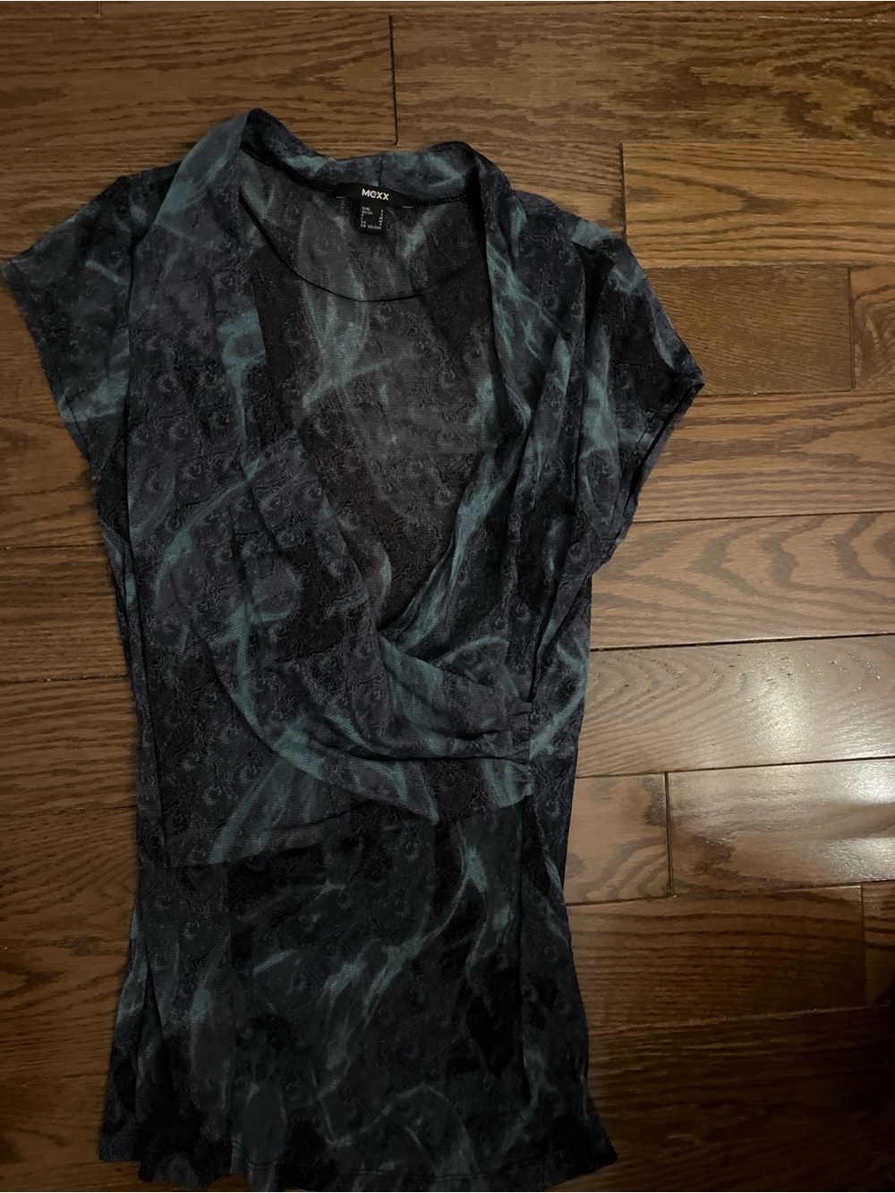 Mexx Black and Teal Marble-Effect Cowl Neck Short Sleeve Blouse